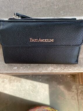 Enzo Angiolini Black Pebbled Leather Clutch Wallet with Gold Logo